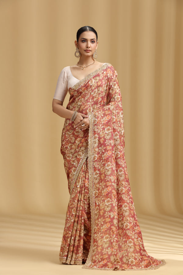 Carrot Pink Georgette Saree with Aari, Mirror, Moti & Cutdana Work (Unstitched)