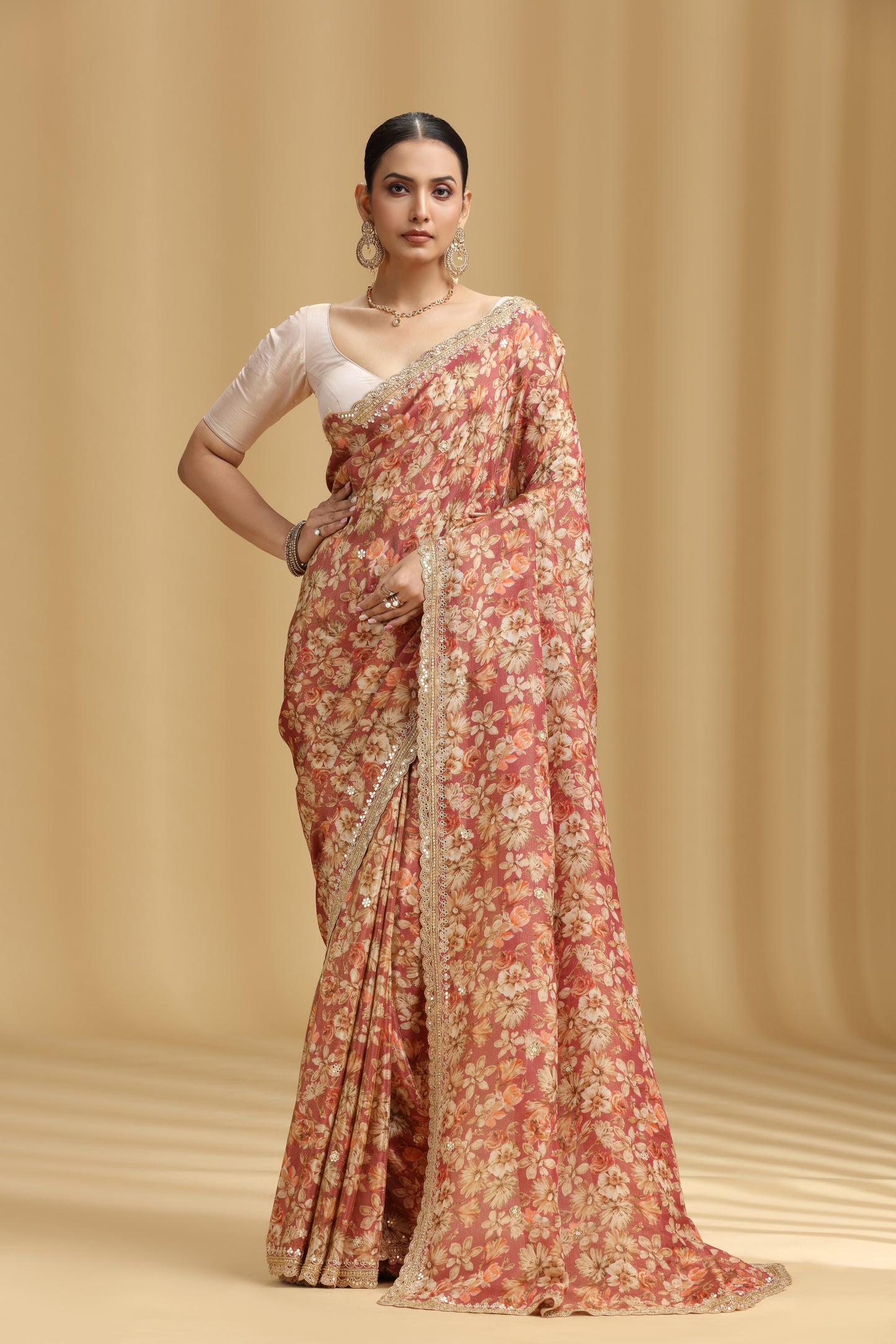 Carrot Pink Georgette Saree with Aari, Mirror, Moti & Cutdana Work (Unstitched)