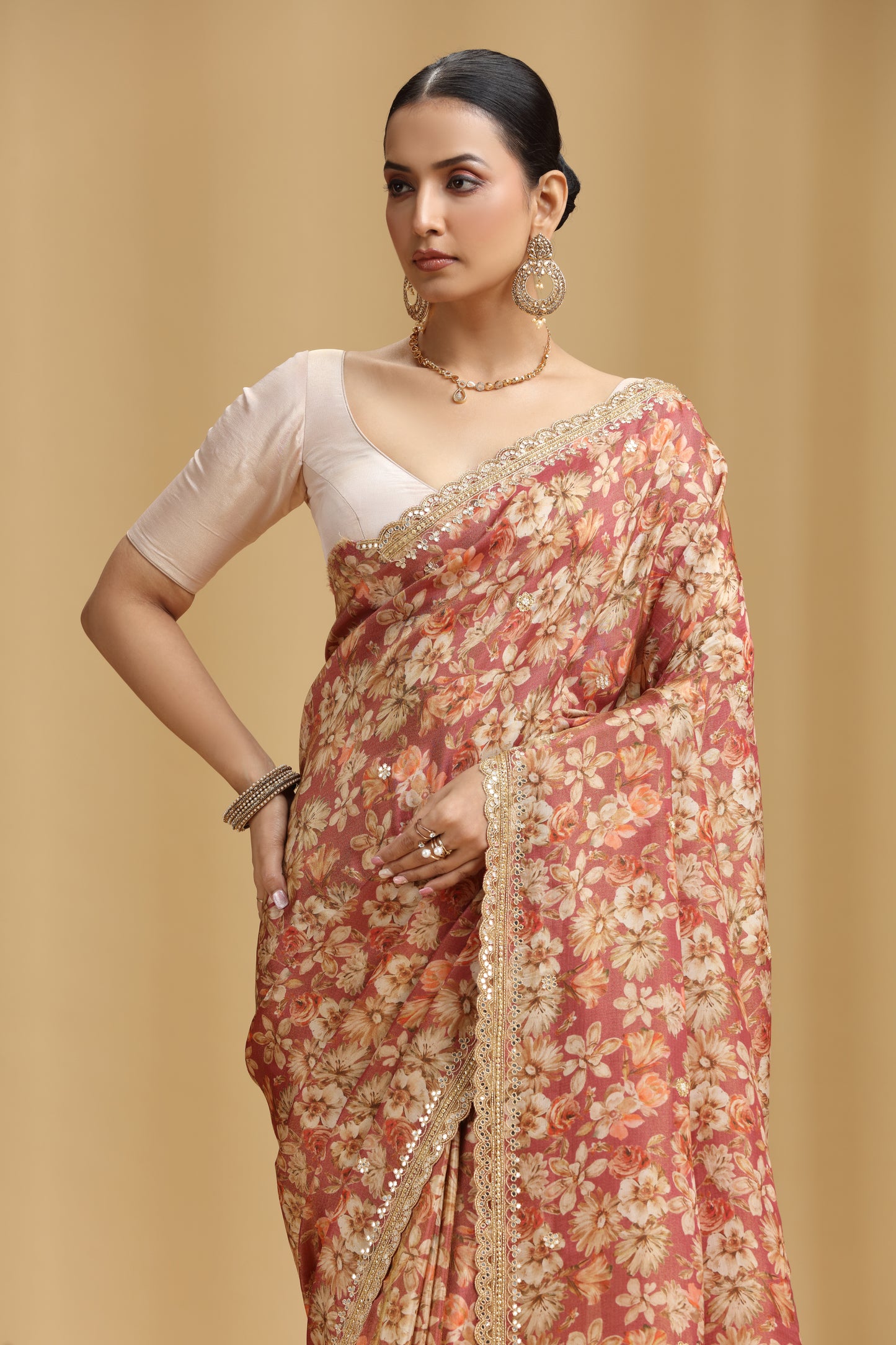 Carrot Pink Georgette Saree with Aari, Mirror, Moti & Cutdana Work (Unstitched)