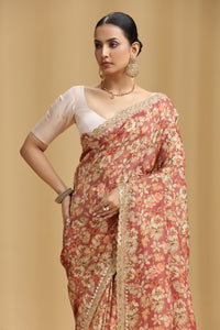 Carrot Pink Georgette Saree with Aari, Mirror, Moti & Cutdana Work (Unstitched)