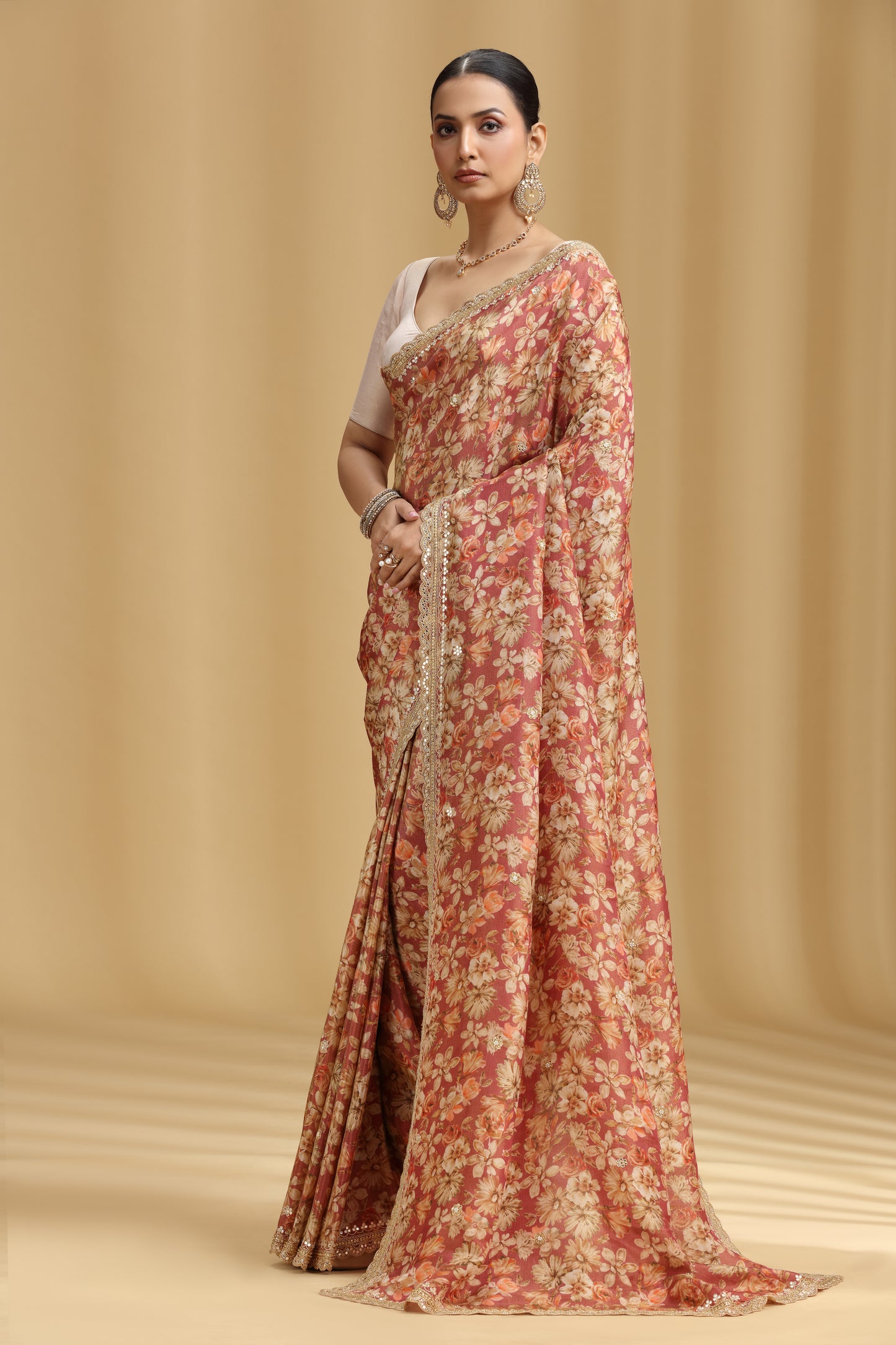 Carrot Pink Georgette Saree with Aari, Mirror, Moti & Cutdana Work (Unstitched)