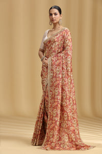 Carrot Pink Georgette Saree with Aari, Mirror, Moti & Cutdana Work (Unstitched)