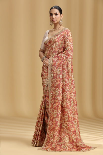 Carrot Pink Georgette Saree with Aari, Mirror, Moti & Cutdana Work (Unstitched)