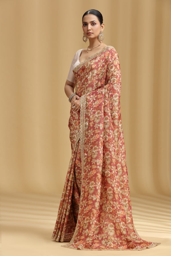 Carrot Pink Georgette Saree with Aari, Mirror, Moti & Cutdana Work (Unstitched)