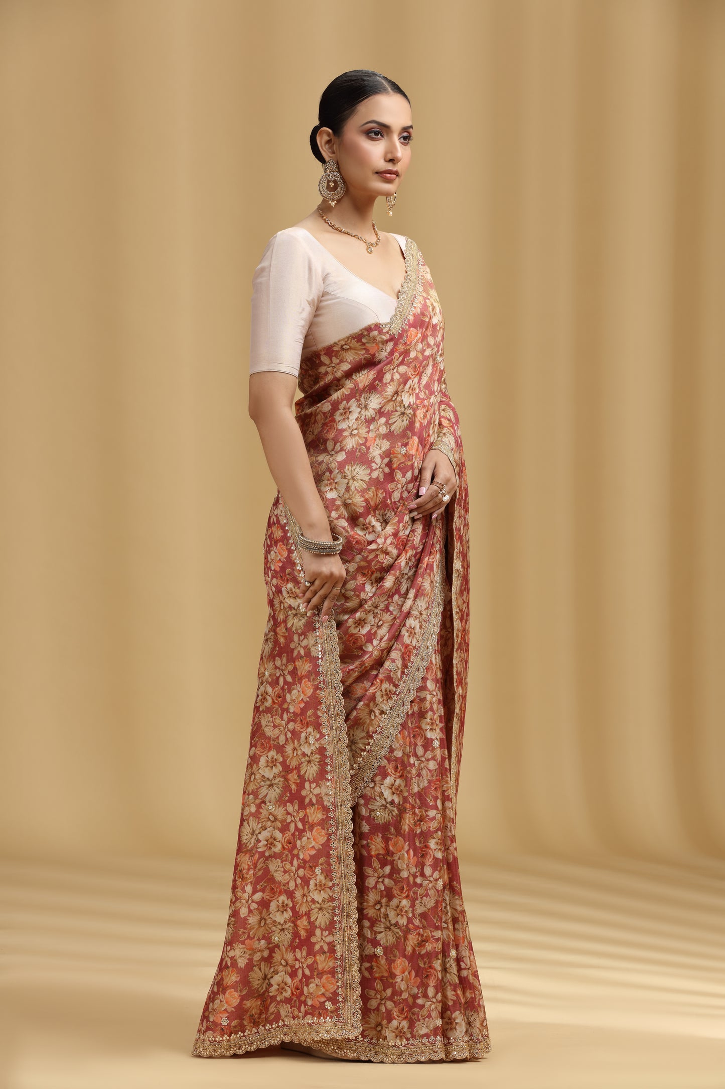 Carrot Pink Georgette Saree with Aari, Mirror, Moti & Cutdana Work (Unstitched)