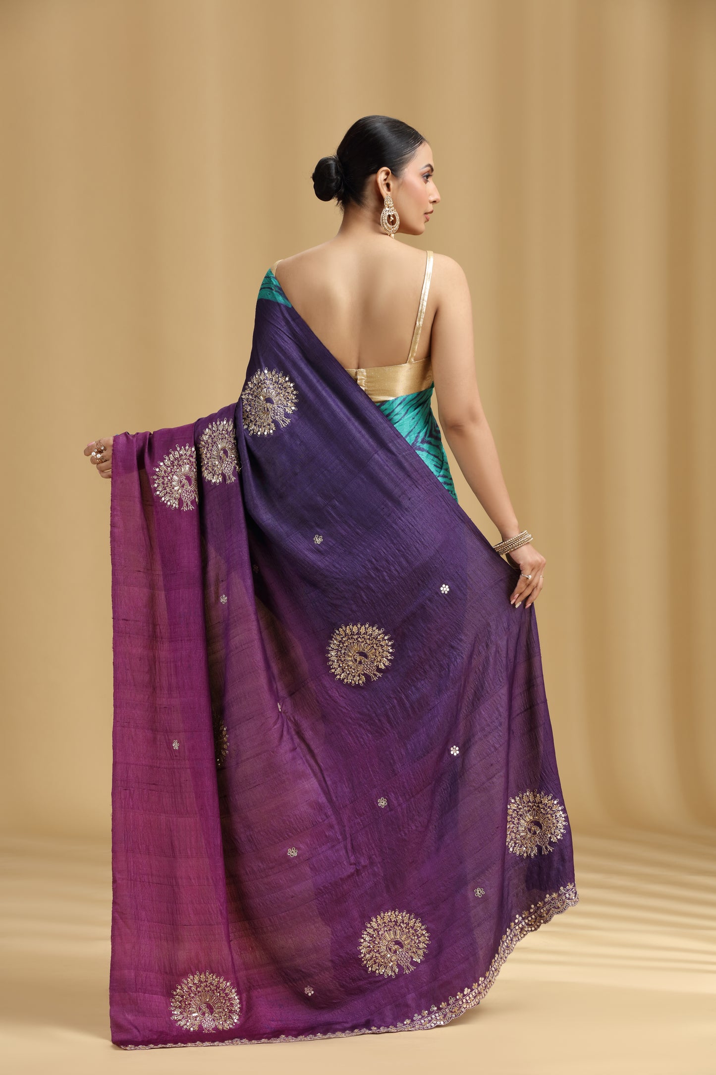 Purple Ombre Dola Silk Tussar Saree with Aari, Mirror & Cutdana Work (Unstitched)