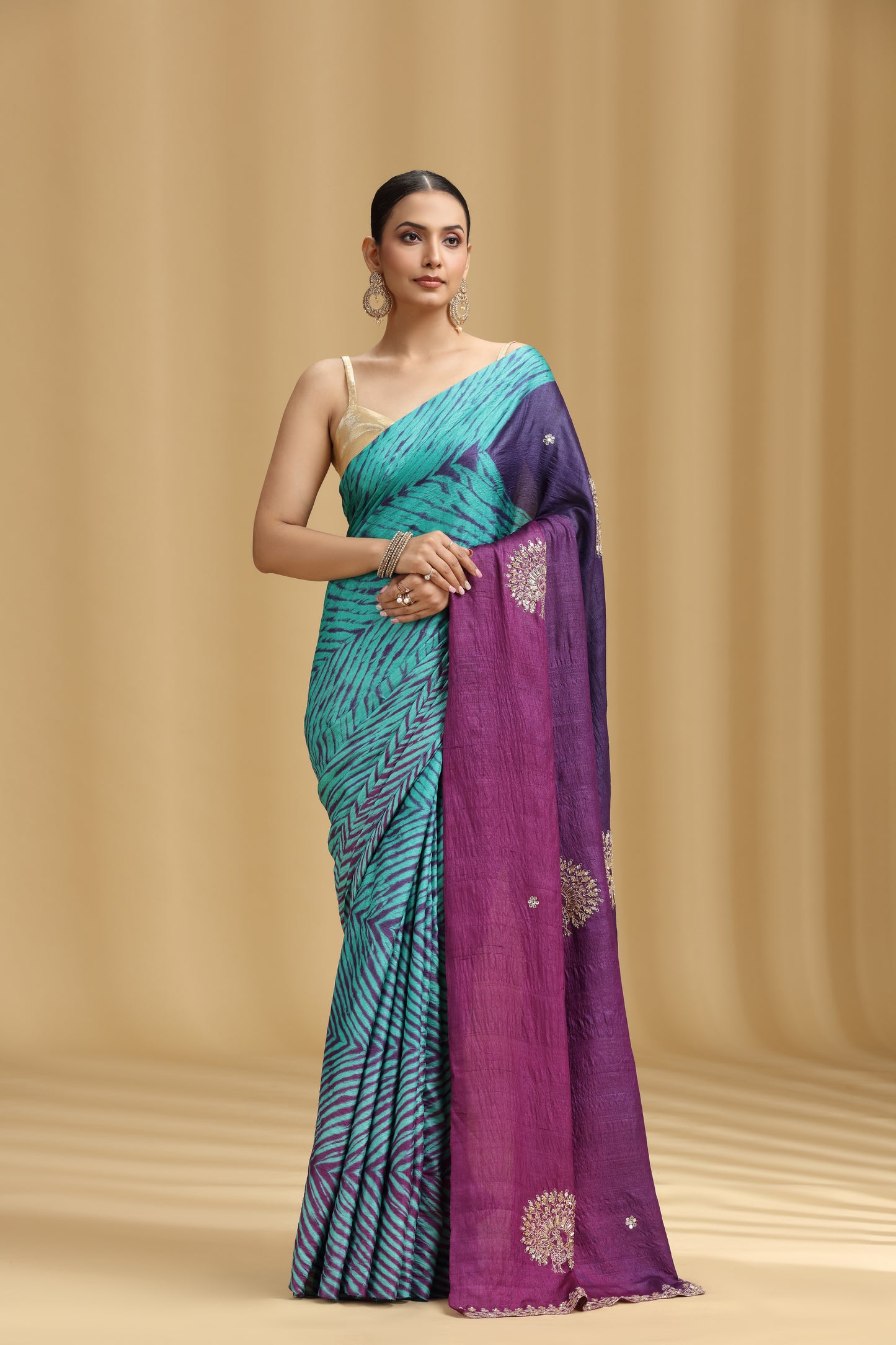 Purple Ombre Dola Silk Tussar Saree with Aari, Mirror & Cutdana Work (Unstitched)
