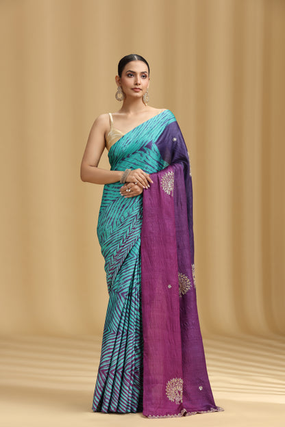 Purple Ombre Dola Silk Tussar Saree with Aari, Mirror & Cutdana Work (Unstitched)