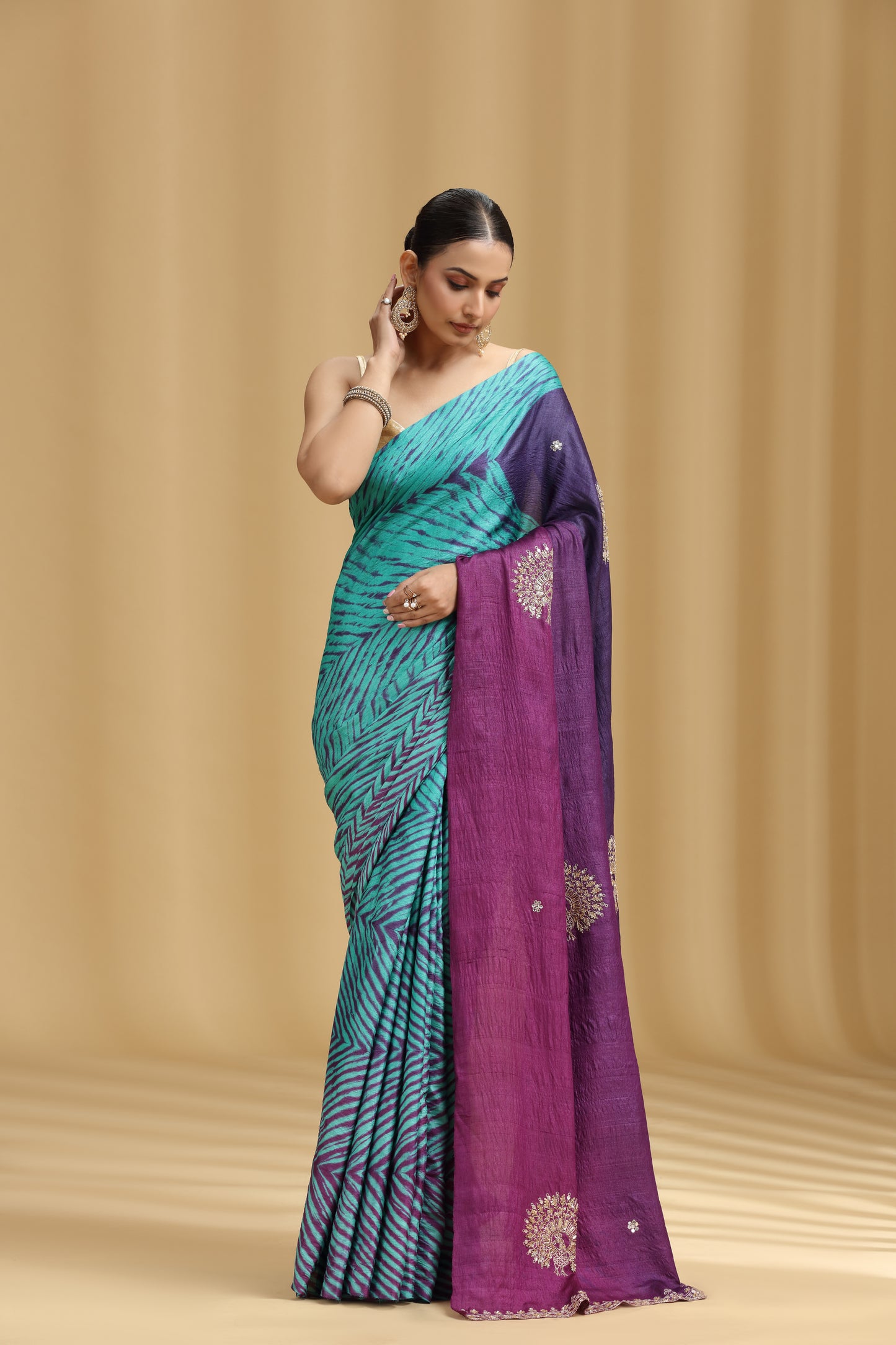 Purple Ombre Dola Silk Tussar Saree with Aari, Mirror & Cutdana Work (Unstitched)