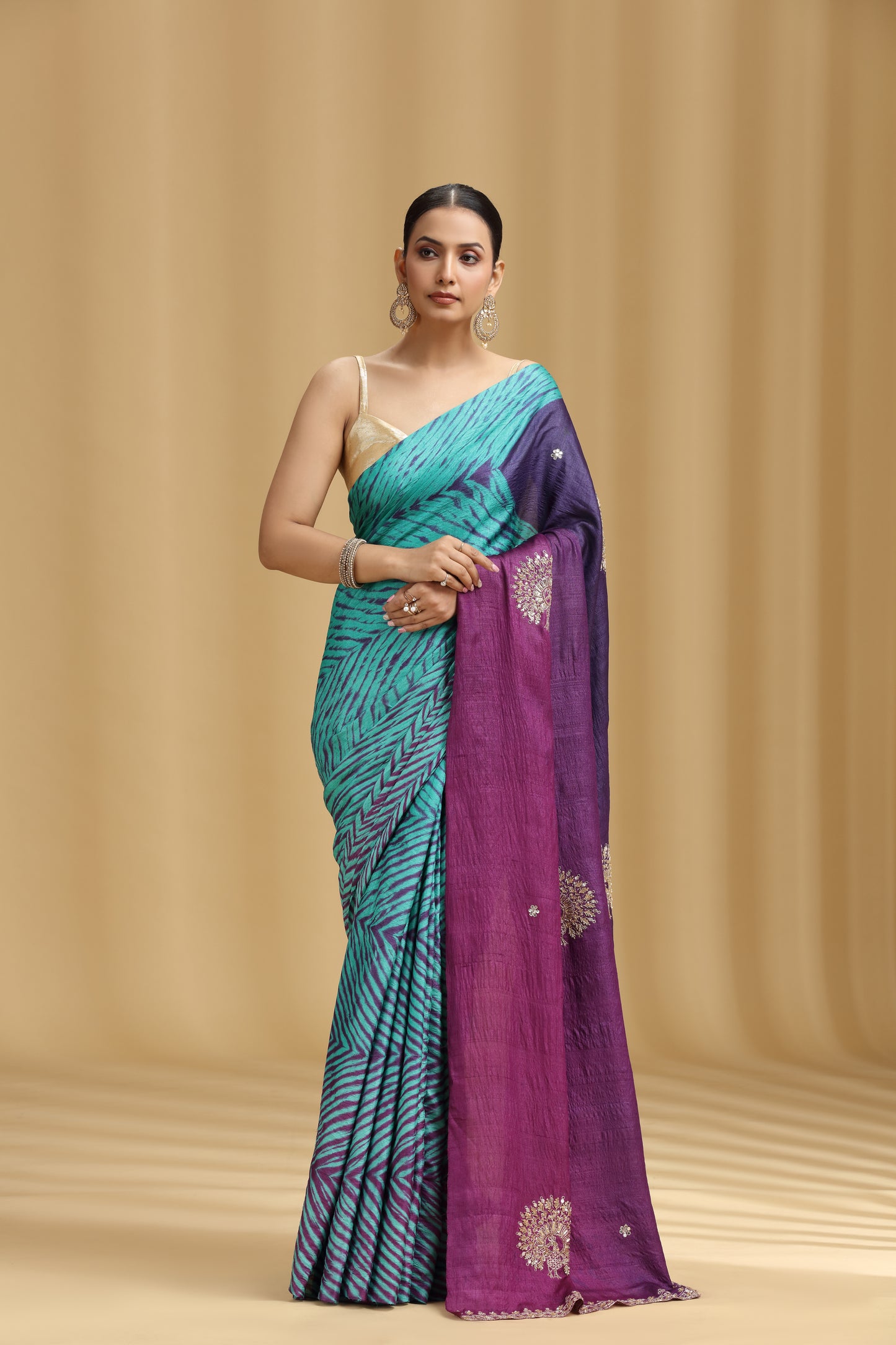 Purple Ombre Dola Silk Tussar Saree with Aari, Mirror & Cutdana Work (Unstitched)