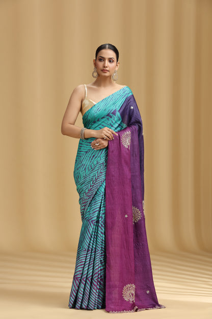 Purple Ombre Dola Silk Tussar Saree with Aari, Mirror & Cutdana Work (Unstitched)