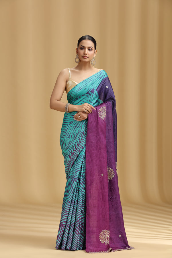 Purple Ombre Dola Silk Tussar Saree with Aari, Mirror & Cutdana Work (Unstitched)