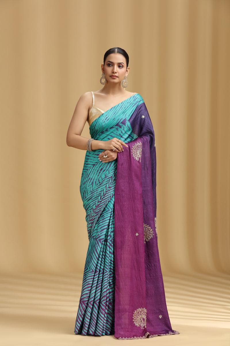Purple Ombre Dola Silk Tussar Saree with Aari, Mirror & Cutdana Work (Unstitched)