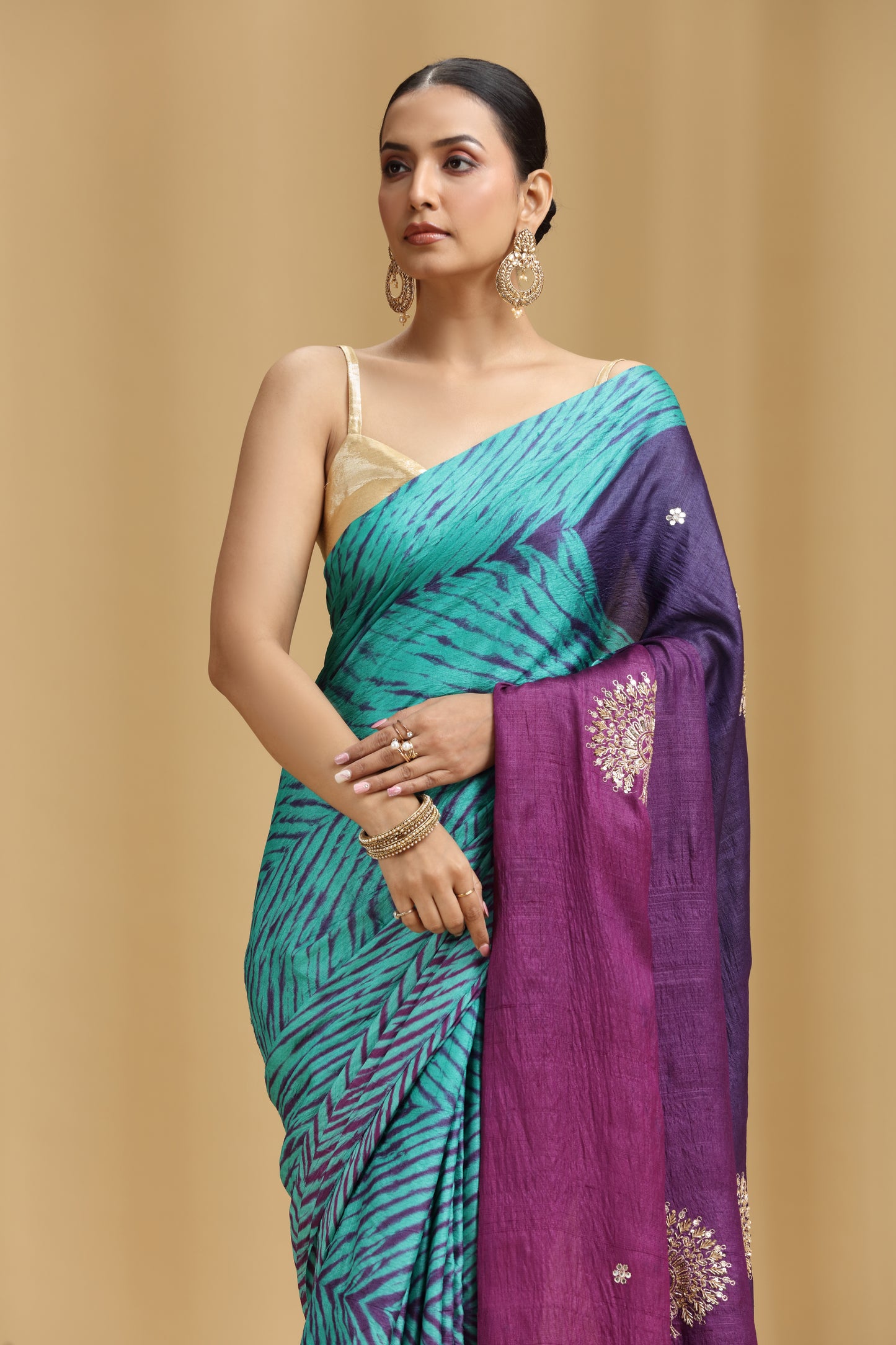 Purple Ombre Dola Silk Tussar Saree with Aari, Mirror & Cutdana Work (Unstitched)