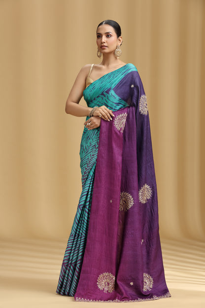 Purple Ombre Dola Silk Tussar Saree with Aari, Mirror & Cutdana Work (Unstitched)