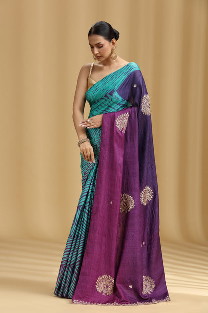 Purple Ombre Dola Silk Tussar Saree with Aari, Mirror & Cutdana Work (Unstitched)