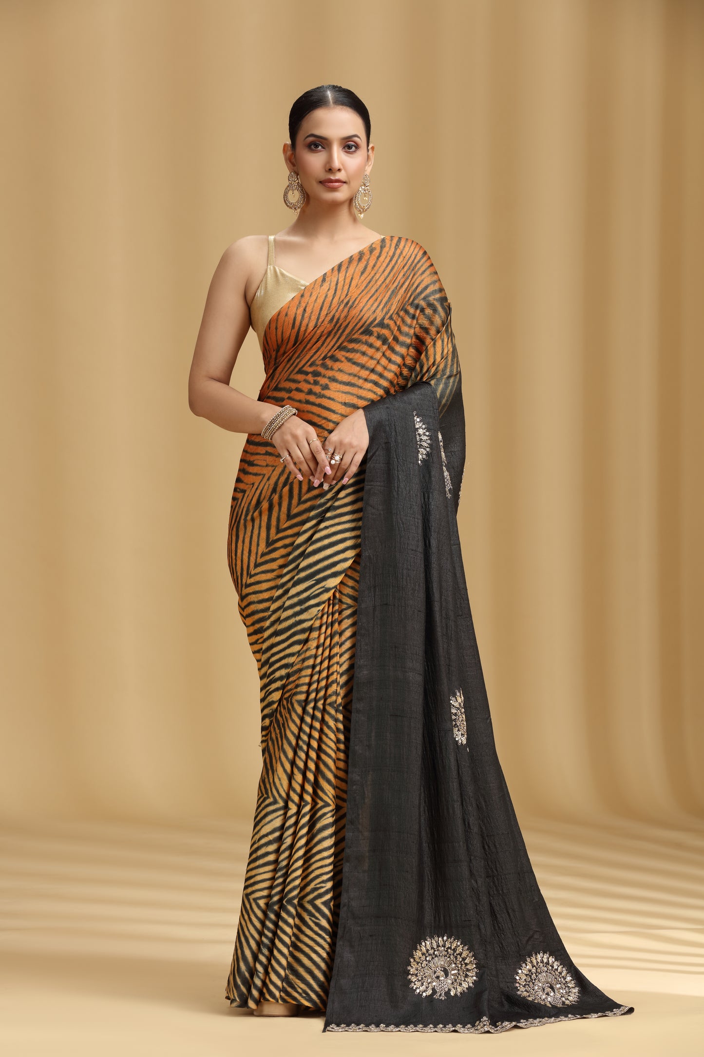 Black Dola Silk Tussar Saree with Aari, Mirror, Sequins & Cutdana Work (Unstitched)