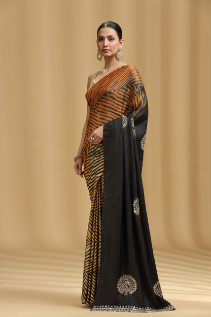 Black Dola Silk Tussar Saree with Aari, Mirror, Sequins & Cutdana Work (Unstitched)