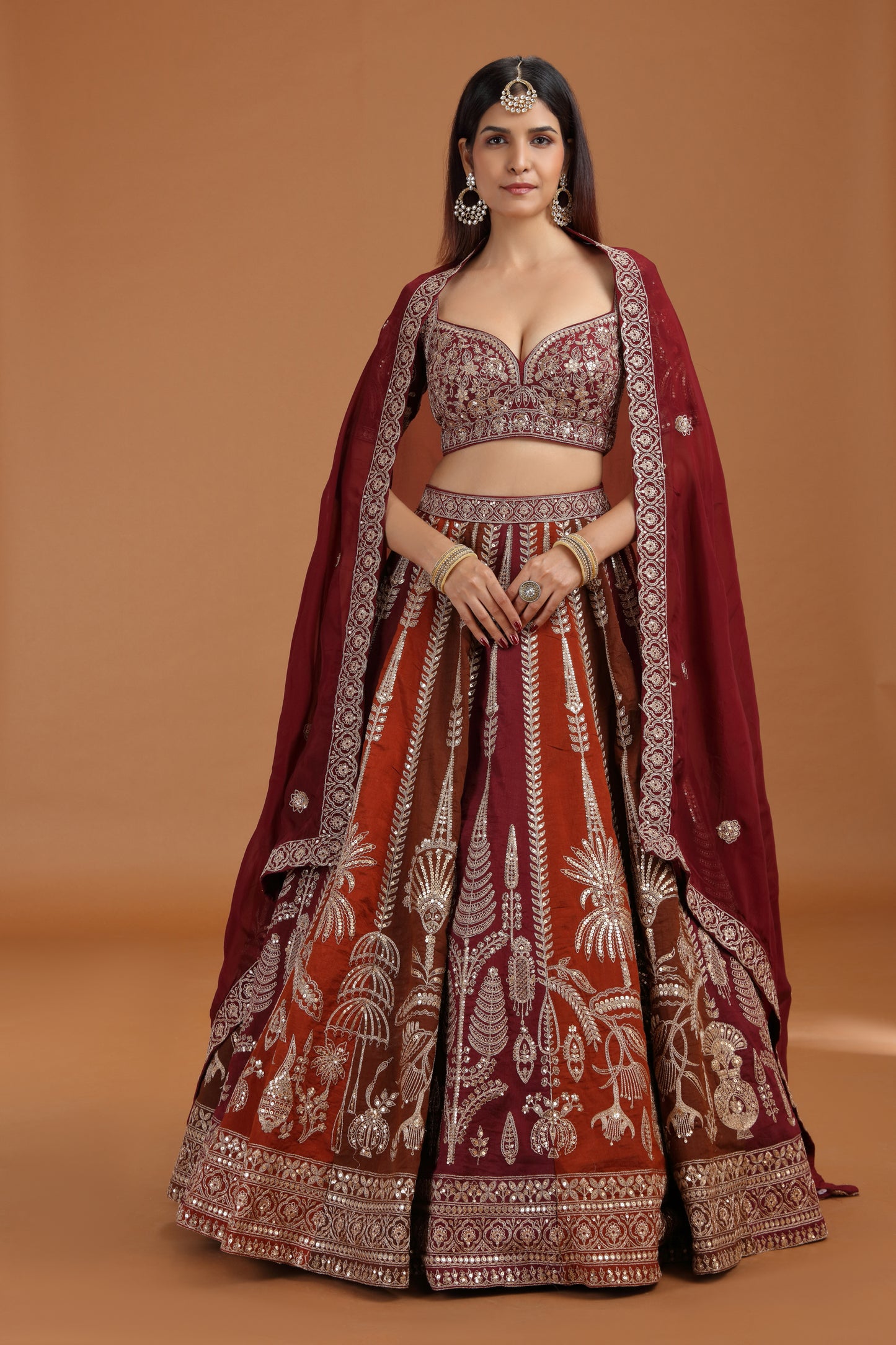 Brown Art Raw Silk Lehenga Set with Organza Dupatta & Zari Work