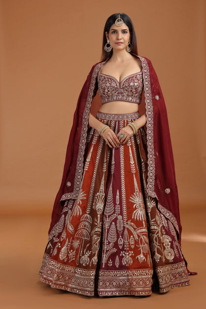 Brown Art Raw Silk Lehenga Set with Organza Dupatta & Zari Work