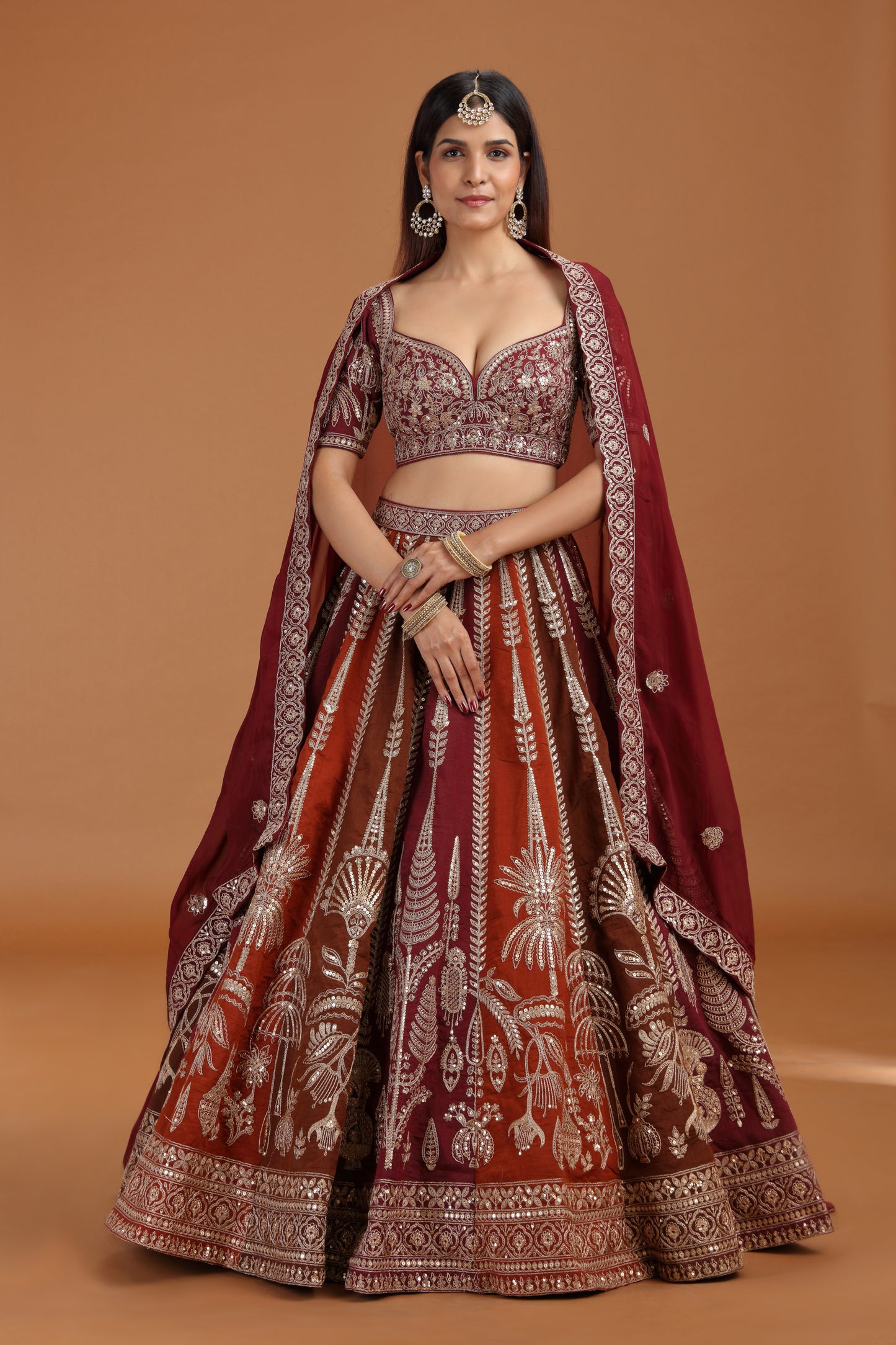 Brown Art Raw Silk Lehenga Set with Organza Dupatta & Zari Work