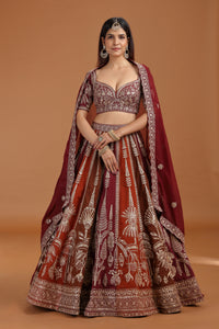 Brown Art Raw Silk Lehenga Set with Organza Dupatta & Zari Work