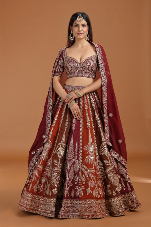Brown Art Raw Silk Lehenga Set with Organza Dupatta & Zari Work