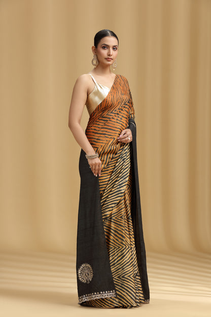 Black Dola Silk Tussar Saree with Aari, Mirror, Sequins & Cutdana Work (Unstitched)