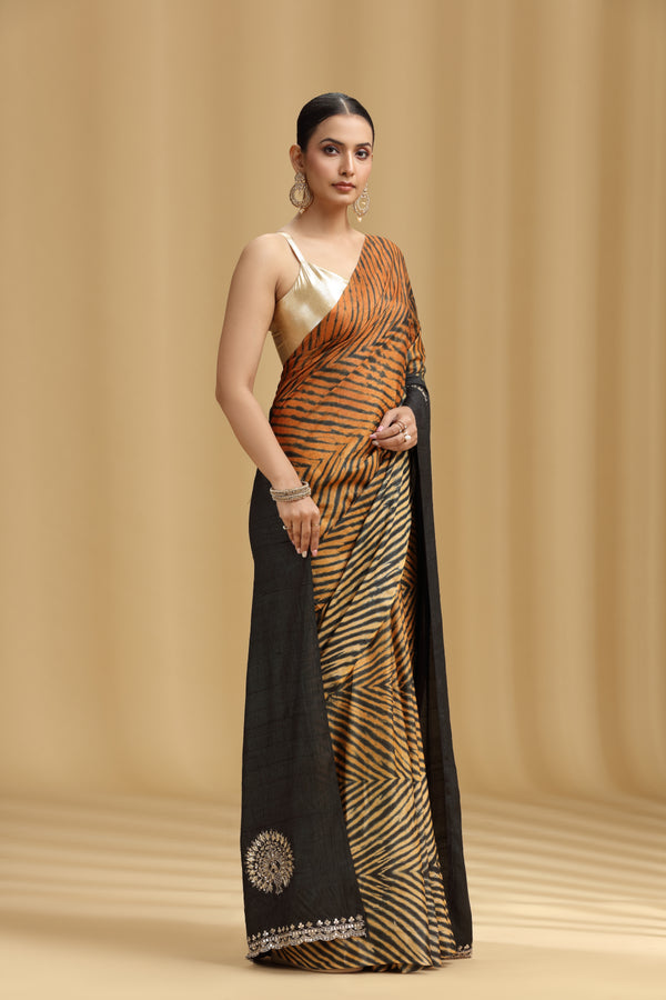Black Dola Silk Tussar Saree with Aari, Mirror, Sequins & Cutdana Work (Unstitched)