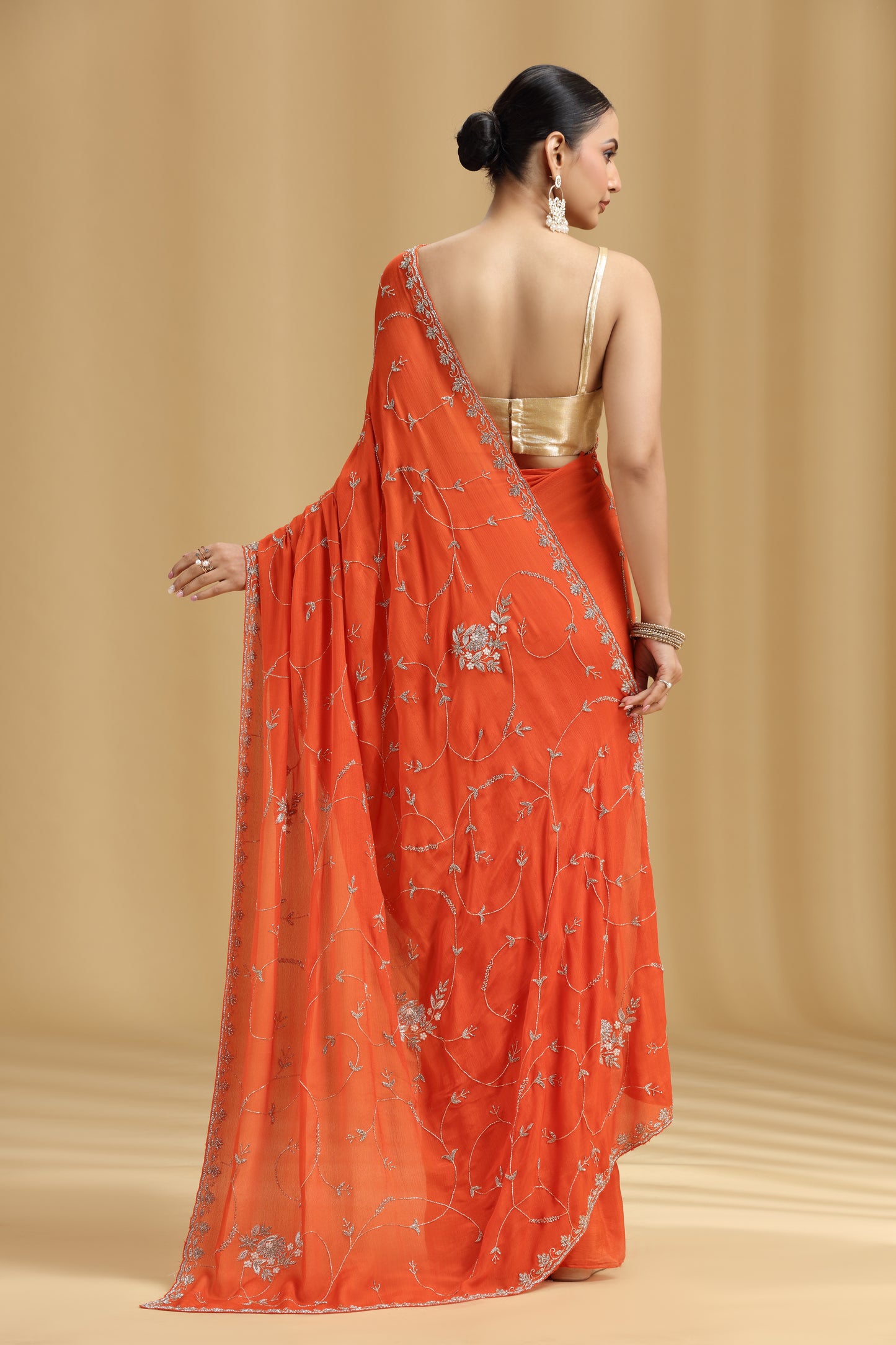 Orange Crepe Saree with Moti, Cutdana & Stone Work (Unstitched)