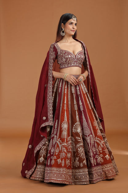 Brown Art Raw Silk Lehenga Set with Organza Dupatta & Zari Work