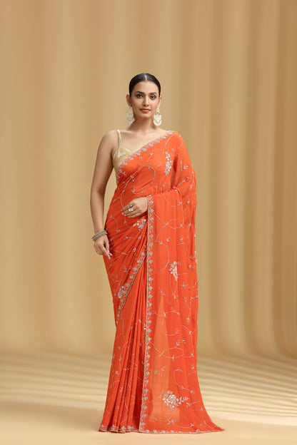 Orange Crepe Saree with Moti, Cutdana & Stone Work (Unstitched)