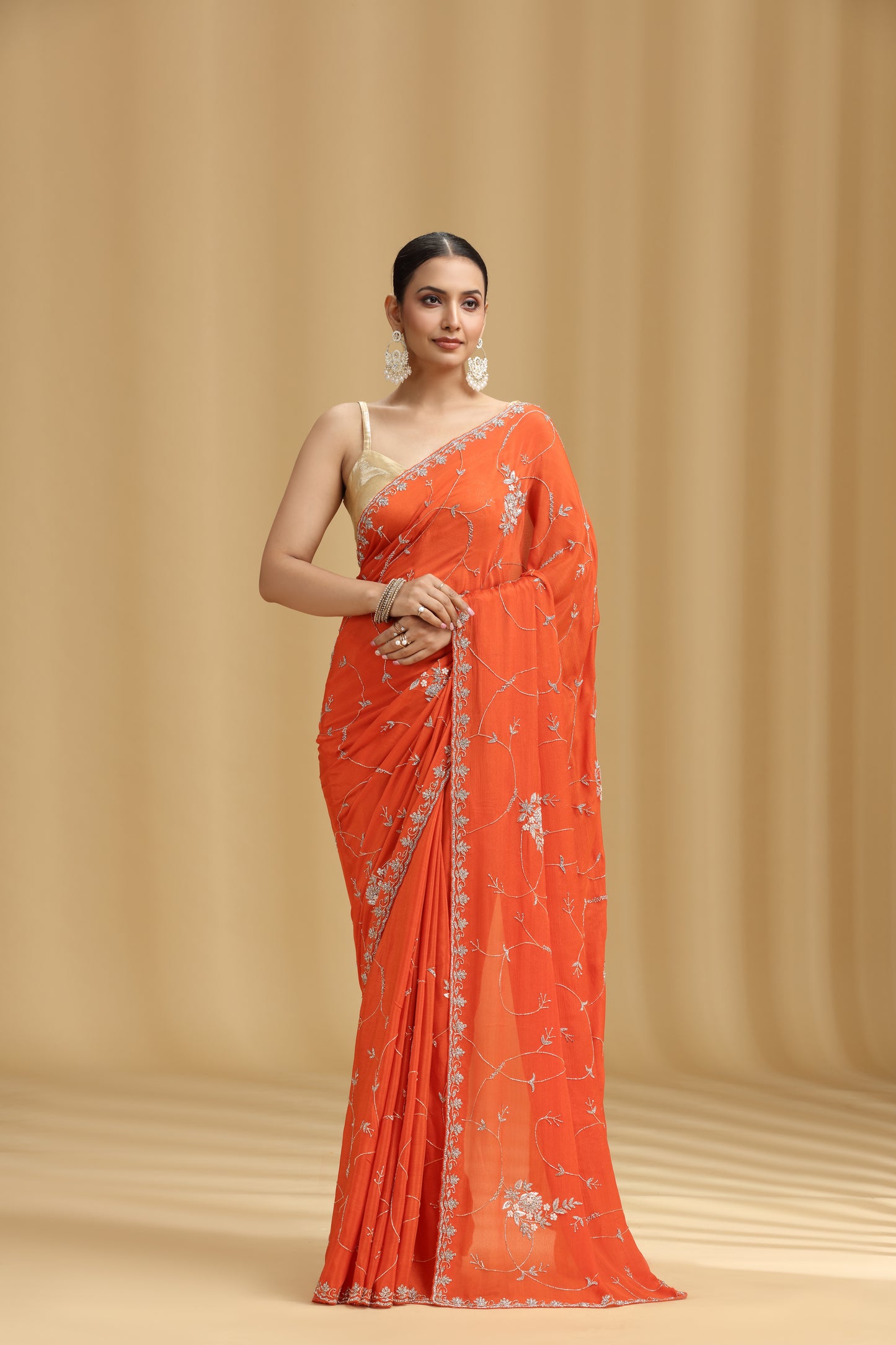 Orange Crepe Saree with Moti, Cutdana & Stone Work (Unstitched)