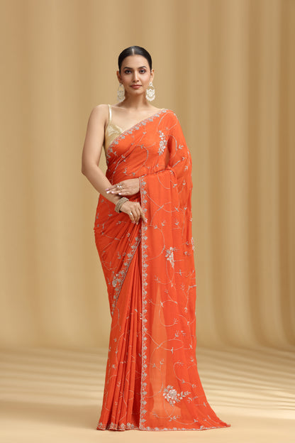 Orange Crepe Saree with Moti, Cutdana & Stone Work (Unstitched)