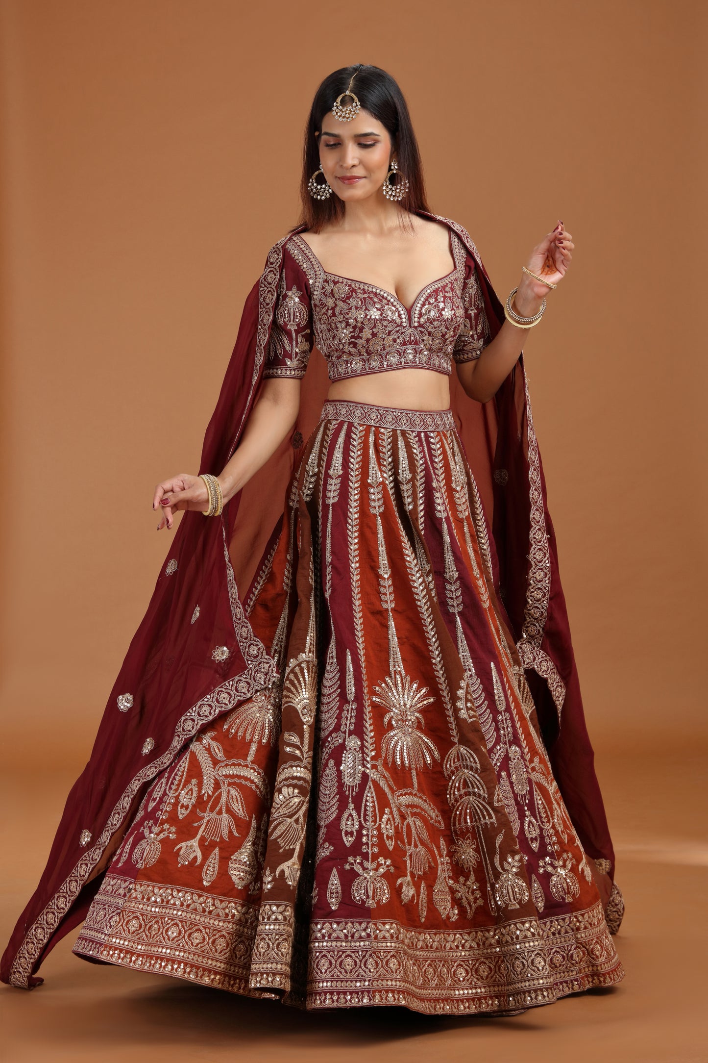 Brown Art Raw Silk Lehenga Set with Organza Dupatta & Zari Work