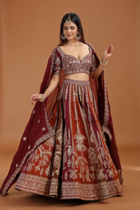 Brown Art Raw Silk Lehenga Set with Organza Dupatta & Zari Work