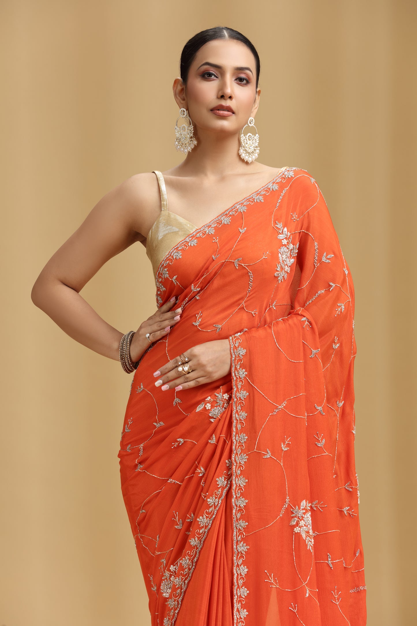 Orange Crepe Saree with Moti, Cutdana & Stone Work (Unstitched)