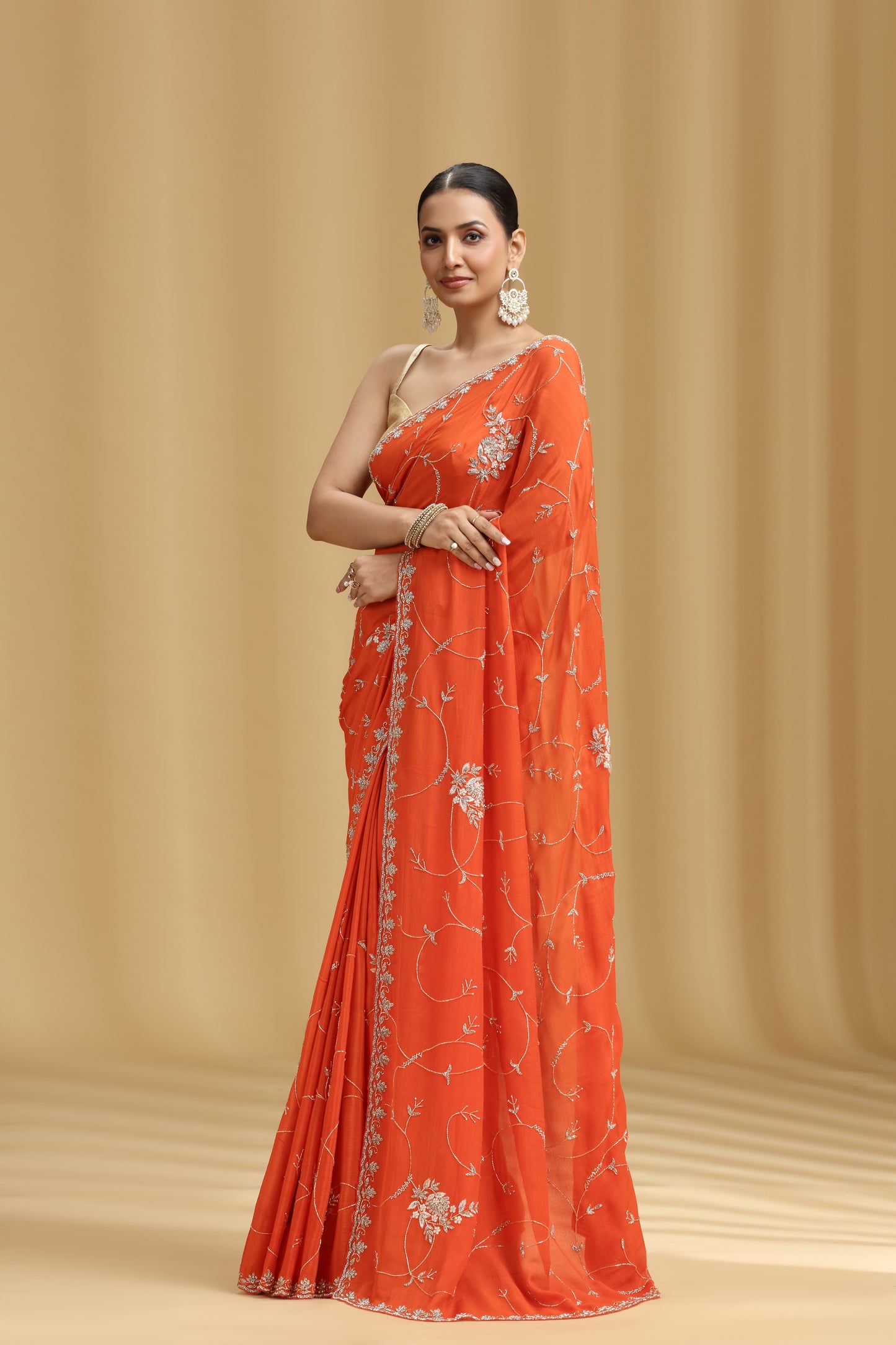 Orange Crepe Saree with Moti, Cutdana & Stone Work (Unstitched)