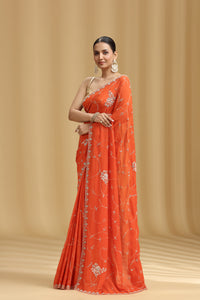 Orange Crepe Saree with Moti, Cutdana & Stone Work (Unstitched)