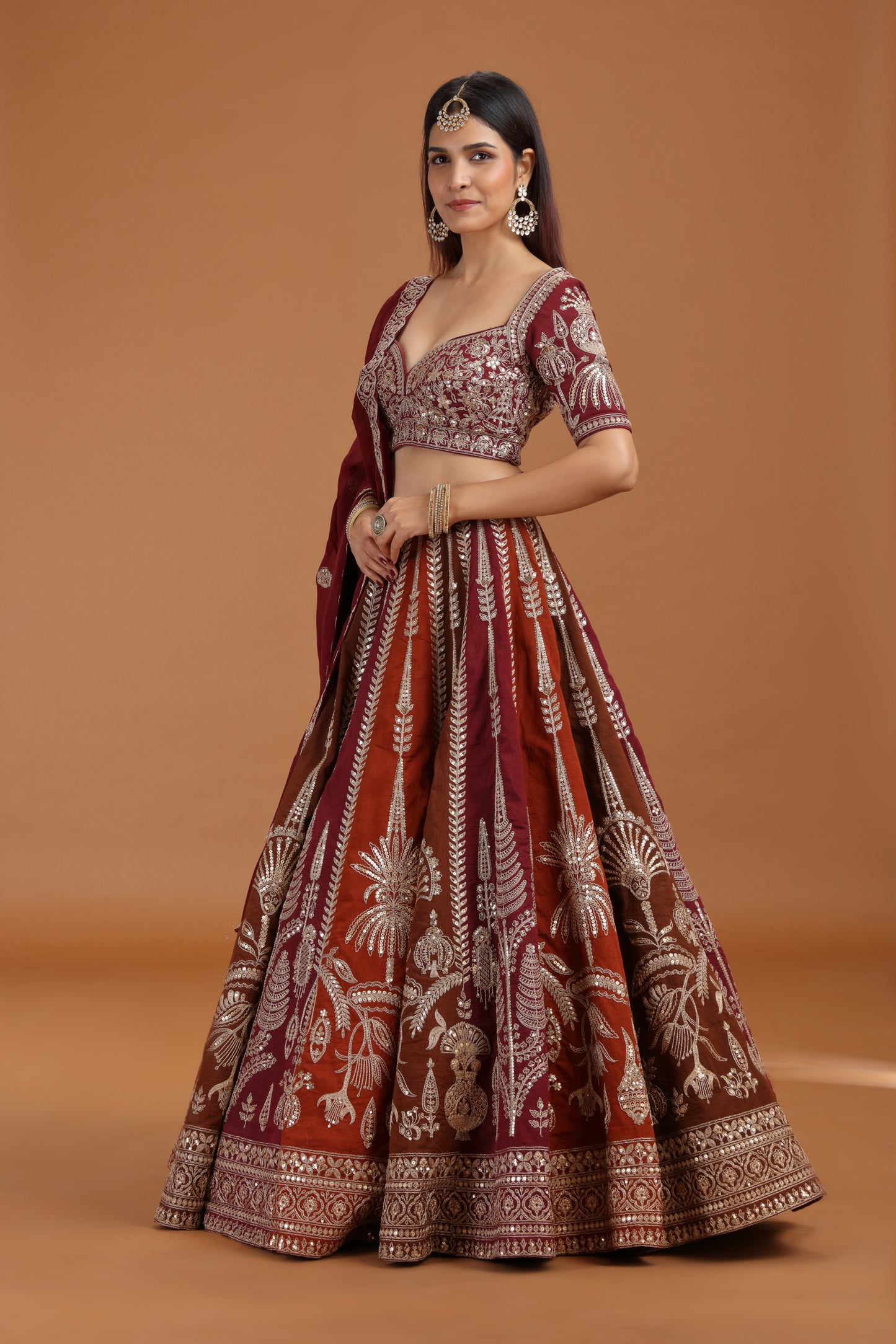 Brown Art Raw Silk Lehenga Set with Organza Dupatta & Zari Work