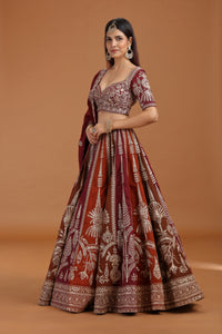 Brown Art Raw Silk Lehenga Set with Organza Dupatta & Zari Work