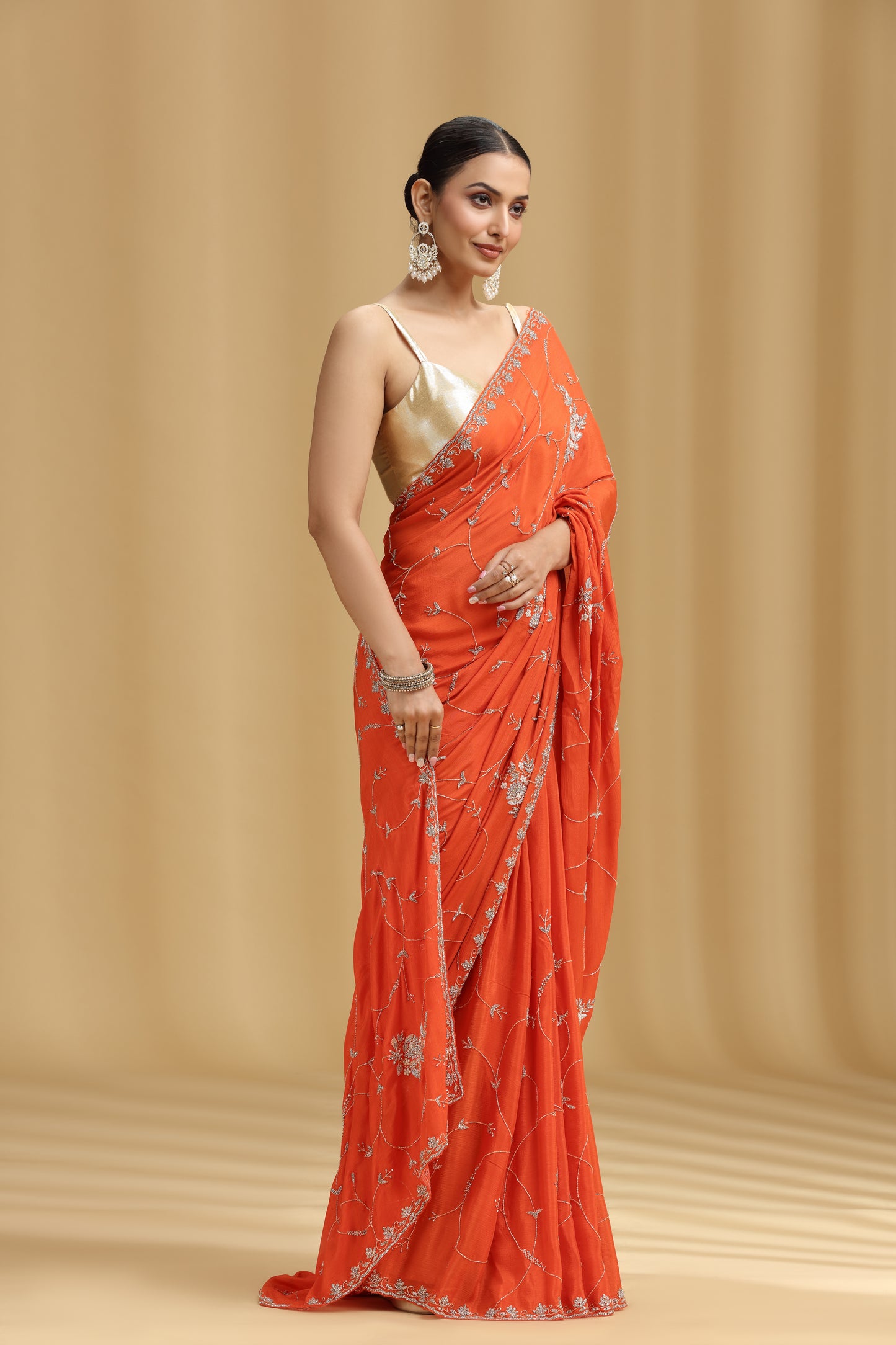 Orange Crepe Saree with Moti, Cutdana & Stone Work (Unstitched)