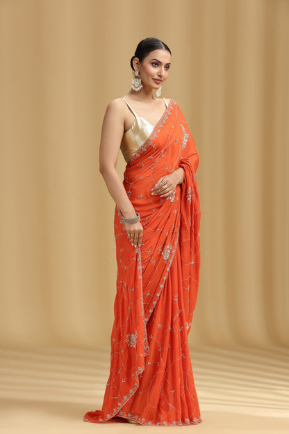 Orange Crepe Saree with Moti, Cutdana & Stone Work (Unstitched)