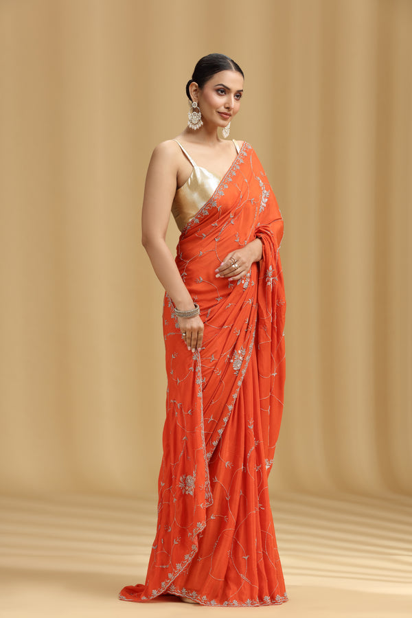 Orange Crepe Saree with Moti, Cutdana & Stone Work (Unstitched)
