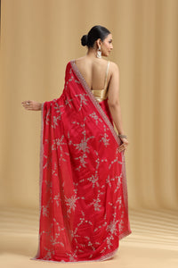 Pink Crepe Saree with Cutdana, Pearls & Stone Detailing and Unstitched Blouse
