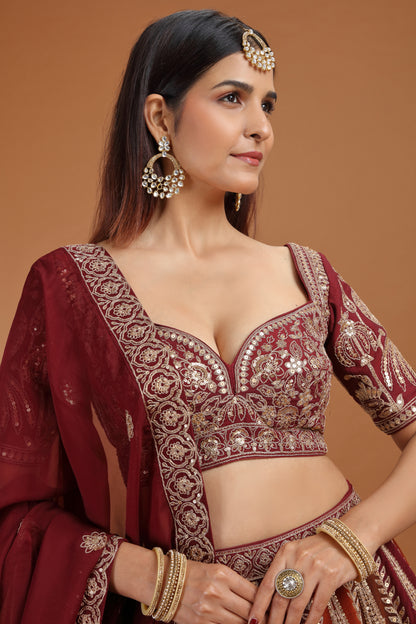 Brown Art Raw Silk Lehenga Set with Organza Dupatta & Zari Work