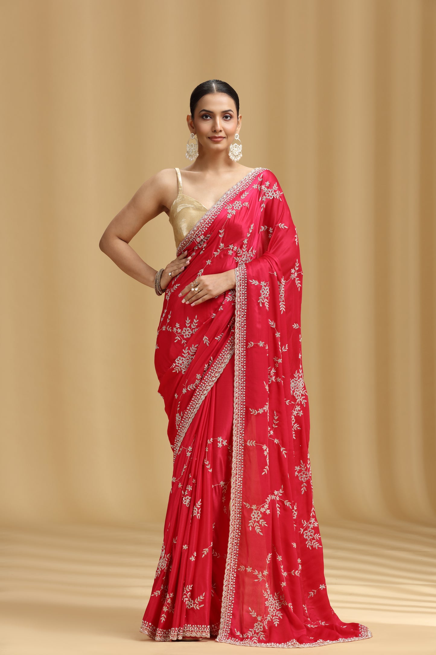 Pink Crepe Saree with Cutdana, Pearls & Stone Detailing and Unstitched Blouse