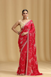Pink Crepe Saree with Cutdana, Pearls & Stone Detailing and Unstitched Blouse