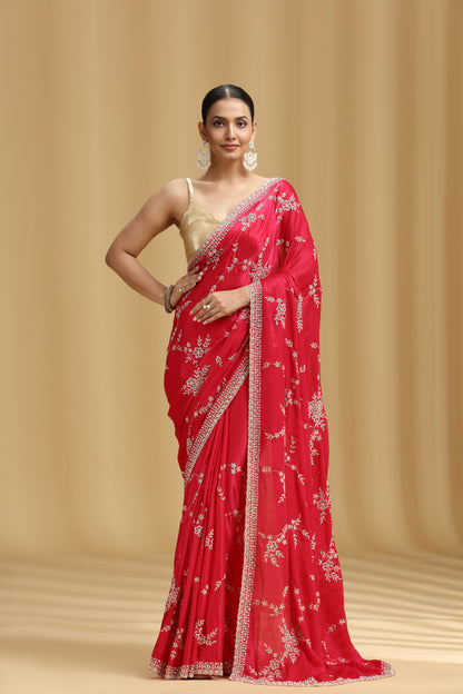 Pink Crepe Saree with Cutdana, Pearls & Stone Detailing and Unstitched Blouse