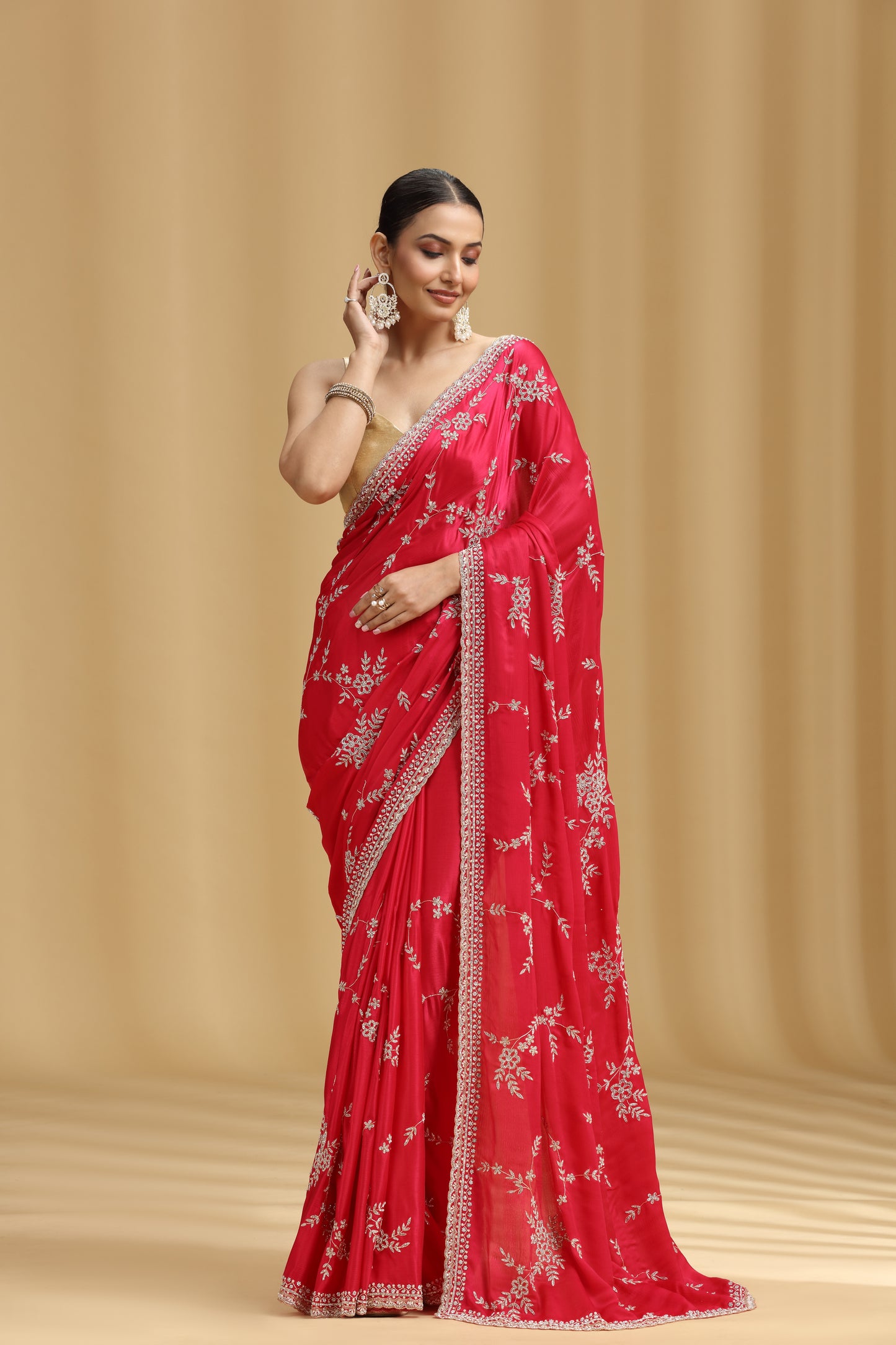 Pink Crepe Saree with Cutdana, Pearls & Stone Detailing and Unstitched Blouse